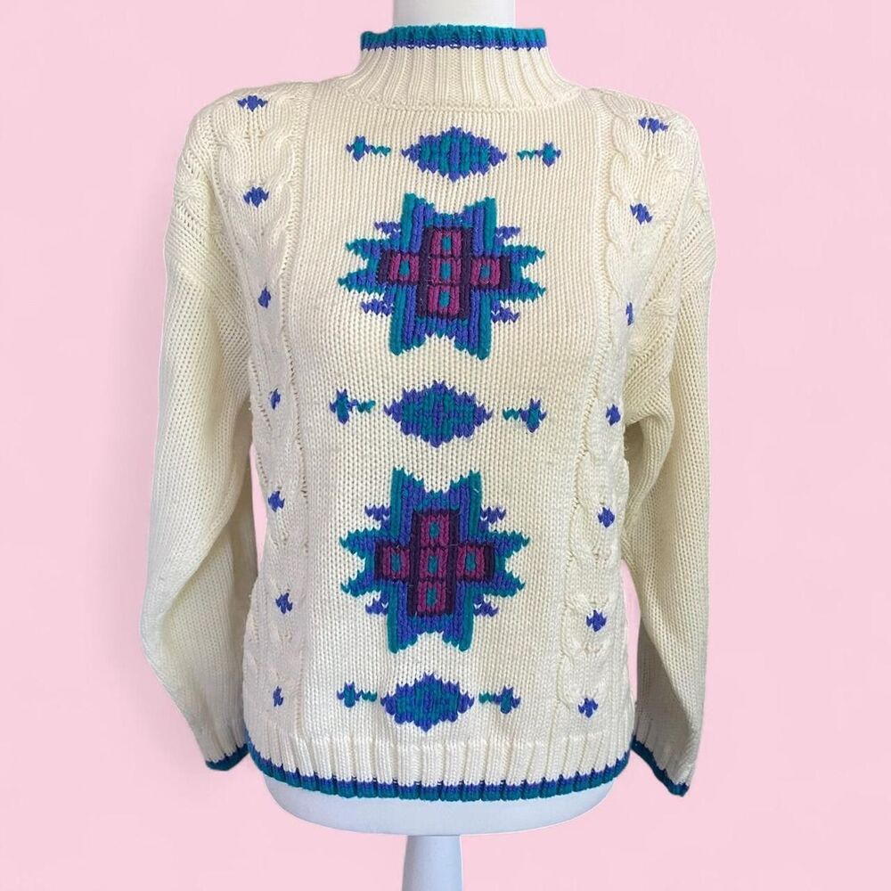 Vintage Cream and Blue Vintage 90s Knitted Sweater